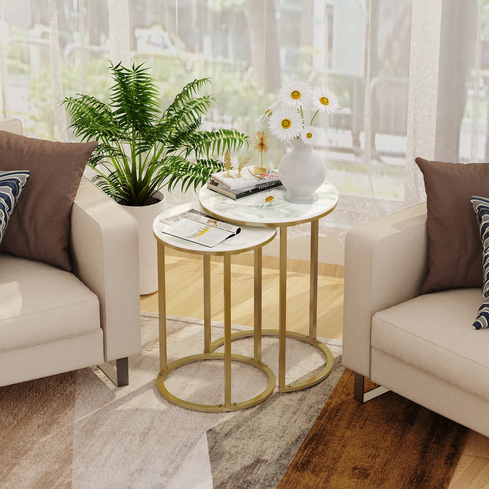 Accent Table Set-Nesting-Sintered Stone Round, Metal Base, Side Accent Table, Living Room, Storage, Small End Table