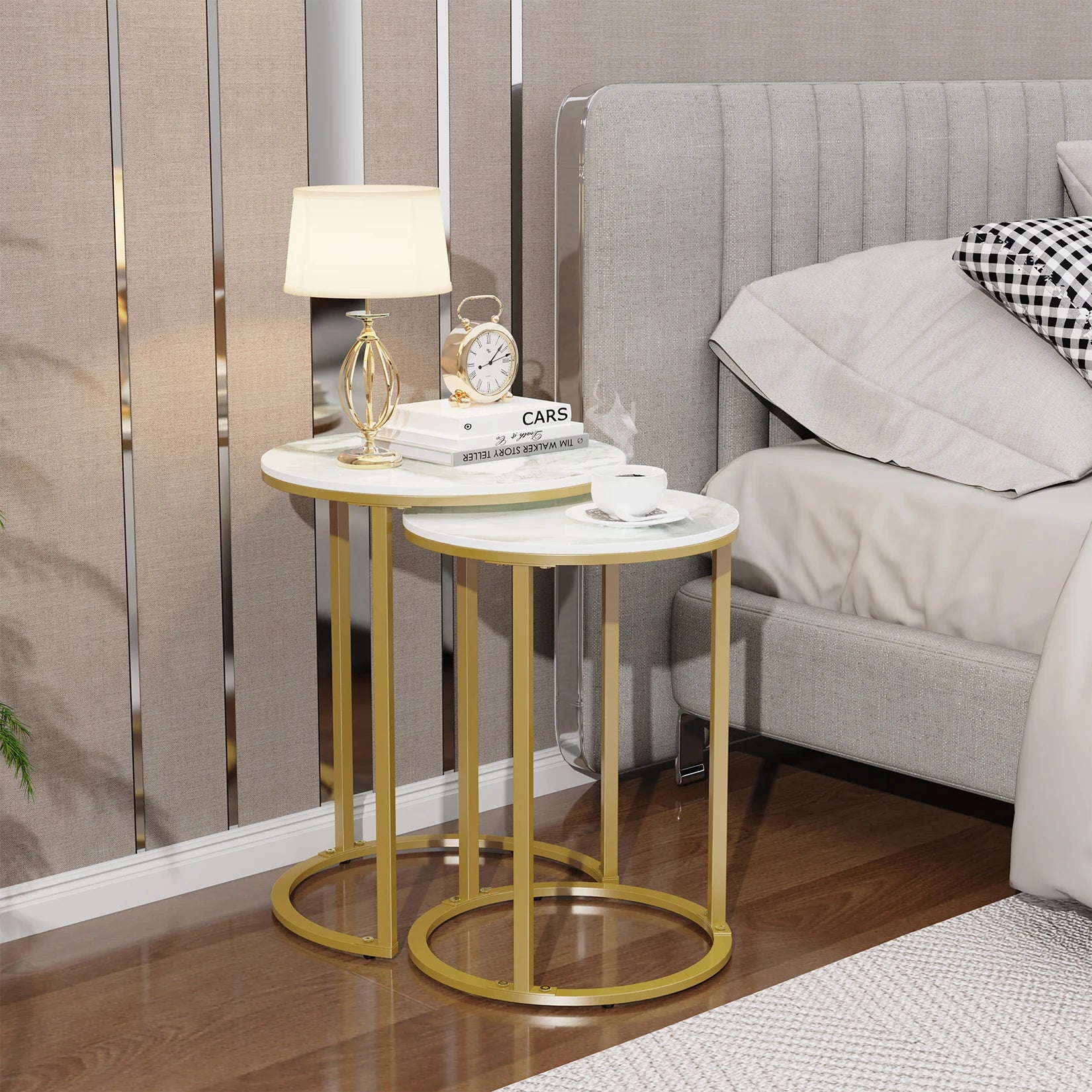 Accent Table Set-Nesting-Sintered Stone Round, Metal Base, Side Accent Table, Living Room, Storage, Small End Table