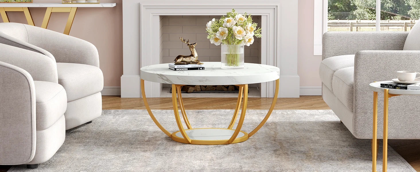 Accent Table-Circle Marble 32 inch – Modern Stylish 2-Tier Center Table with Golden Frame for Living Room