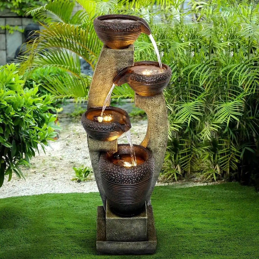 Water Fountain-LED Lights, 4-Tier Crocks, 40 in Tall, Outdoor Waterfall, Large Garden Fountain