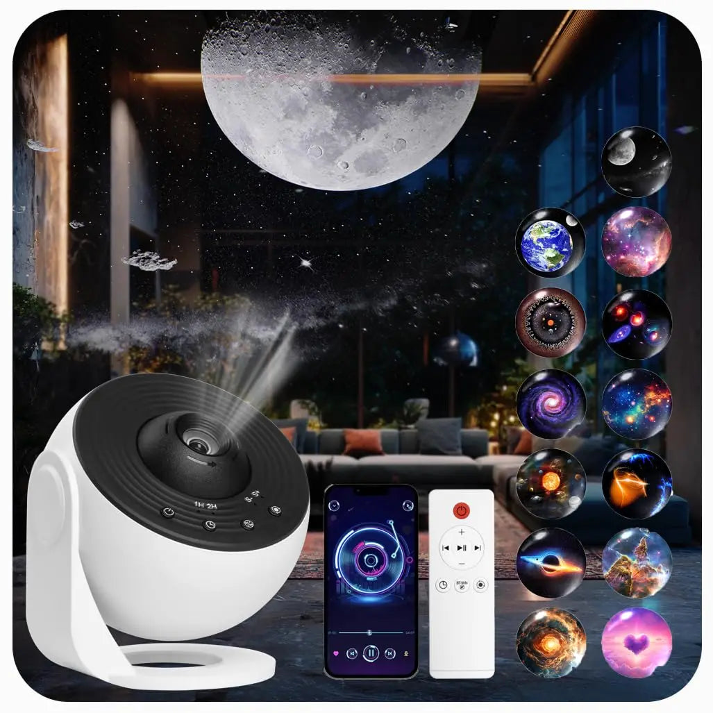 Galaxy Projector-Pro Version HD, 12 in 1 Film Discs, Star Projector, Galaxy Light Planetarium Projector, with Timer, White Noise, 360 ° Rotation, Bluetooth Remote Control