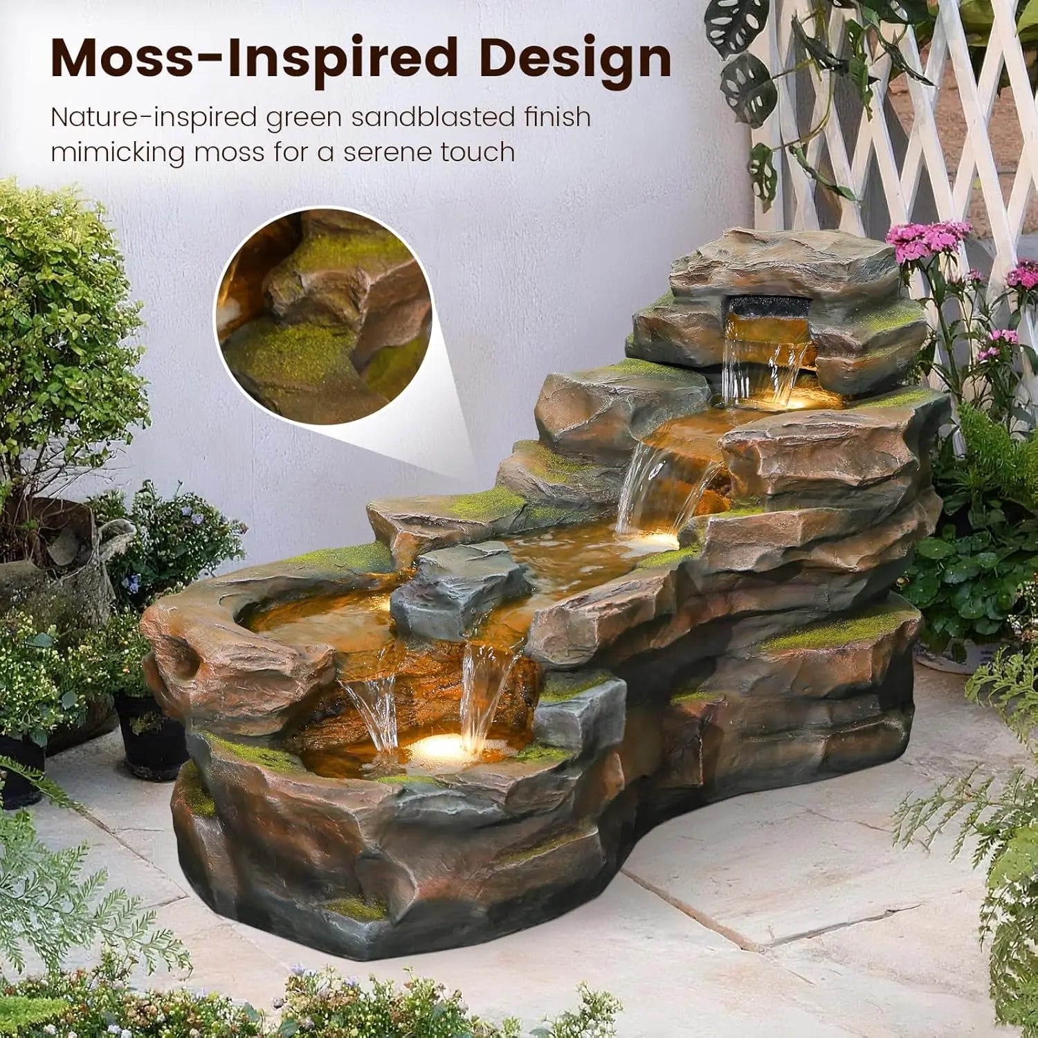 Water Fountain-LED Lights, Outdoor, Floor Standing, 5-Tiers, Rock Natural, Waterfall, Garden