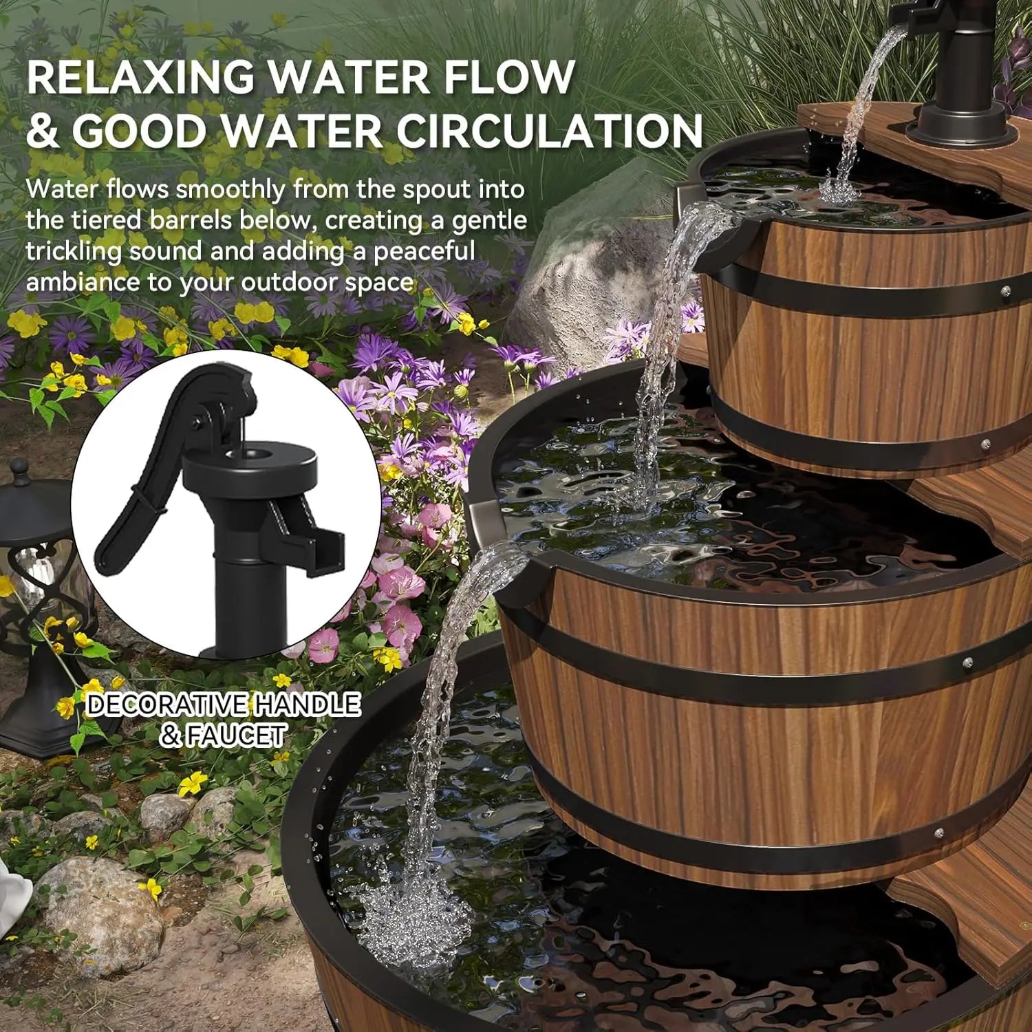 Water Fountain- 3-Tier Outdoor, Wood Barrel, Cascading, Electric Decorative Hand Pump, Rustic Waterfall Fountain