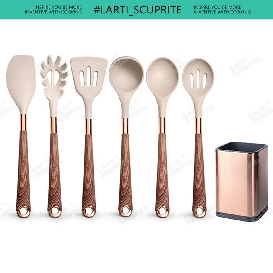 Kitchen- Heat-Resistant Silicone Cooking Set with Gold-Plated Handles – BPA-Free Kitchen Gadgets