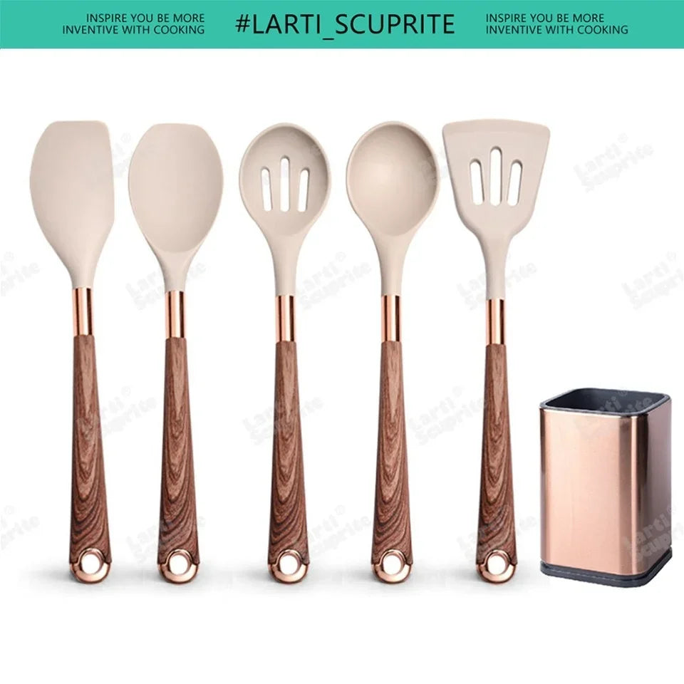 Kitchen- Heat-Resistant Silicone Cooking Set with Gold-Plated Handles – BPA-Free Kitchen Gadgets