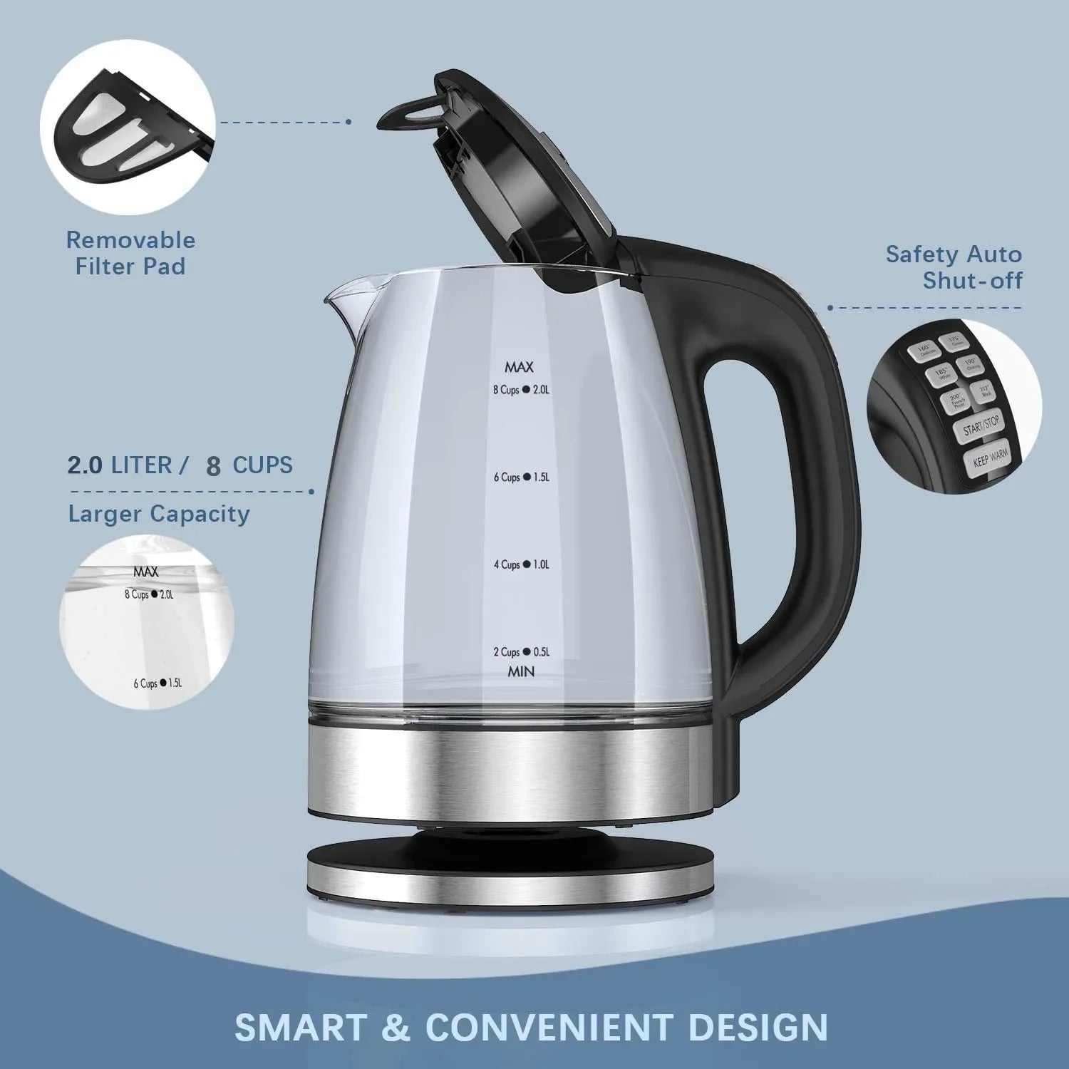 Electric Glass Kettle-2200W Fast Boiling, Temperature Control, 4-Hour Keep Warm, 2.0L Tea Kettle & Hot Water Boiler, by DEVISIB