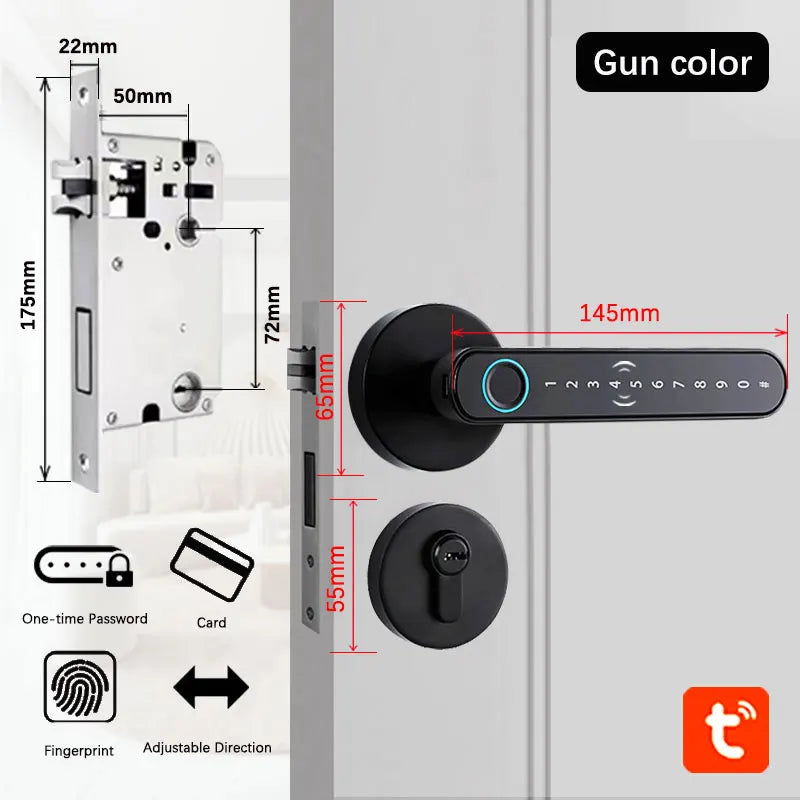 Smart Fingerprint Door Lock Handle – Keyless Entry with Keypad, Key Card & Backup Key for Home or Apartment