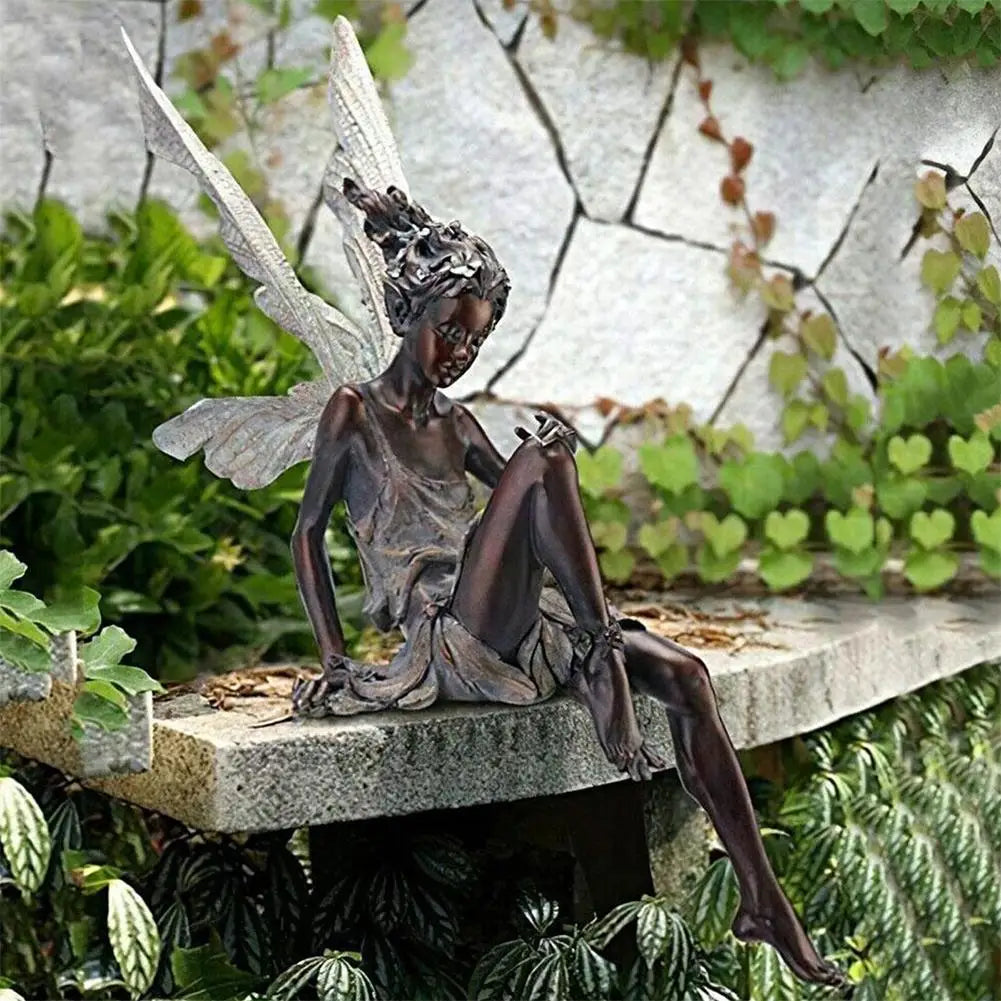 Figurines-Flower Fairy Resin Statue Decoration Outdoor Garden Angel Girl Sitting Figurines Sculpture Landscaping Yard Art Ornament
