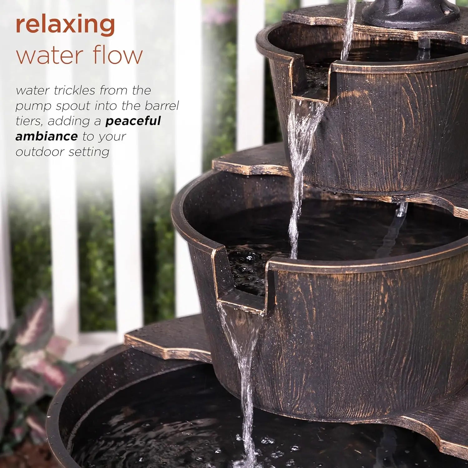 Water Fountain-40" Tall Outdoor Fountain, Floor Tiered Rustic Pump Fountain, and Barrel Water Fountain, Old-Fashioned Waterfall for Garden, Patio, Yard, Dark