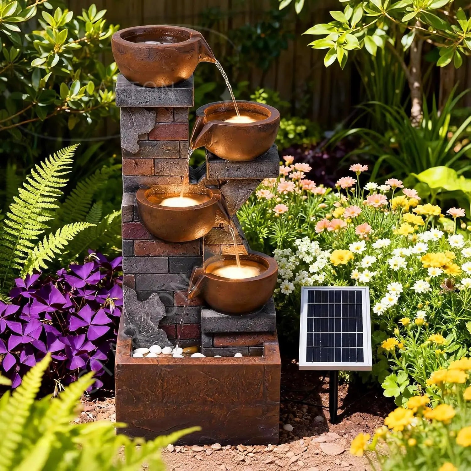 Water Fountain-5 Tiers, Solar, Outdoor, 33.5" H Shape K Waterfall Fountain with LED Lights for Patio, Balconies, Lawns