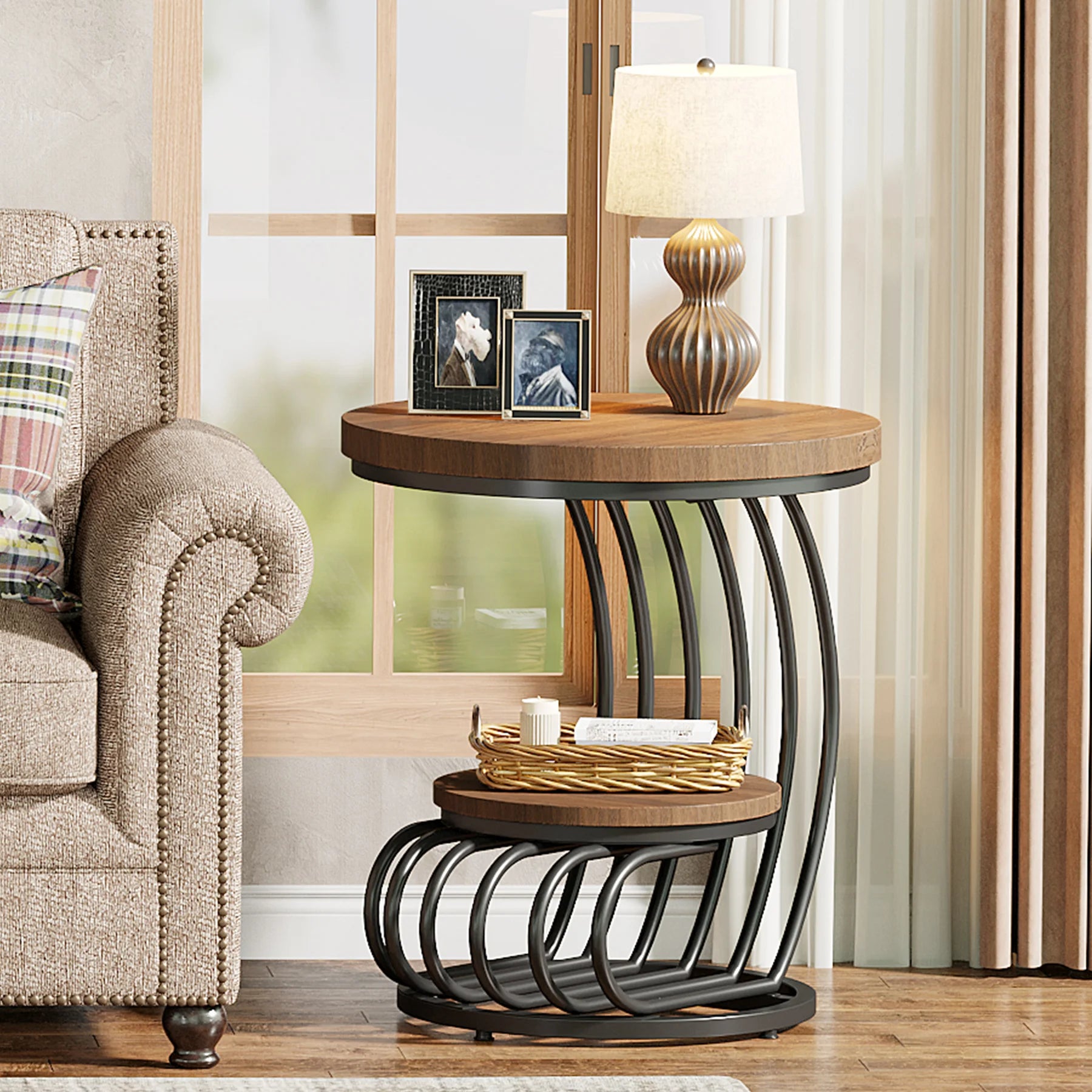 End Table-Tribesigns Gold Round Table, 2 Tiers Faux Marble Side Table, Table with Storage Shelf, Modern White Gold Bedside Table