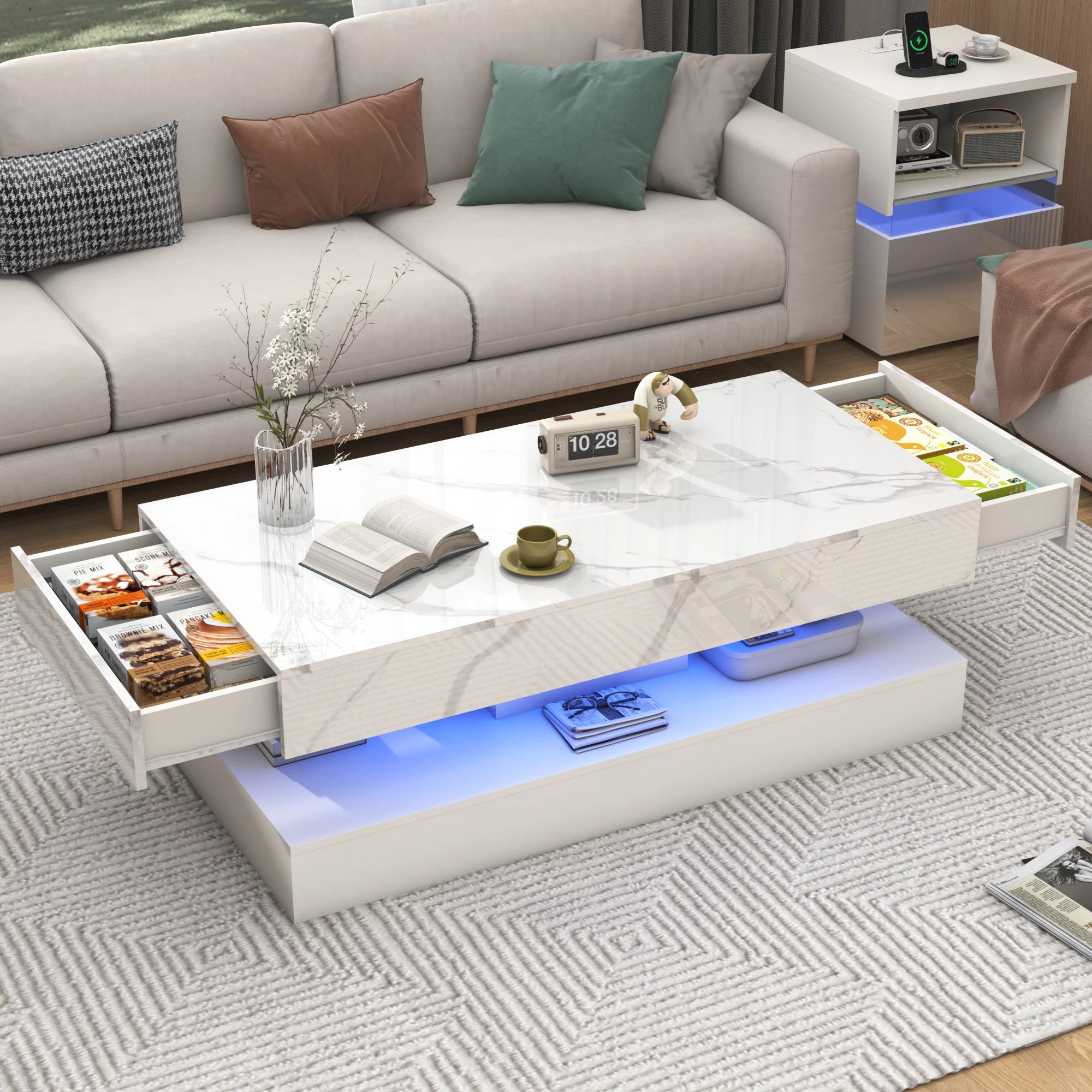 Coffee Table-Modern Stylish Coffee Table with LED lights, Double-Layer Design for Living Room Coffee Table with 2 Storage Drawers