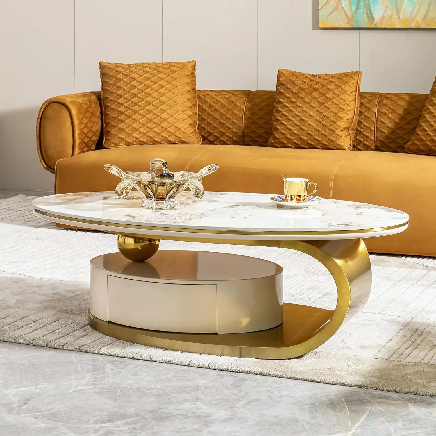Coffee Table-Modern with Silver Stainless Steel Pedestal, Oval, Living Room Table, with Faux Marble Top, & Luxury, Customized