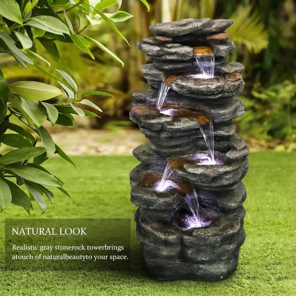 Water Fountain- 6-Tier Rock Outdoor Water Fountain with LED Lights - Large Cascading Waterfalls for Patio, Garden, and Yard Decor