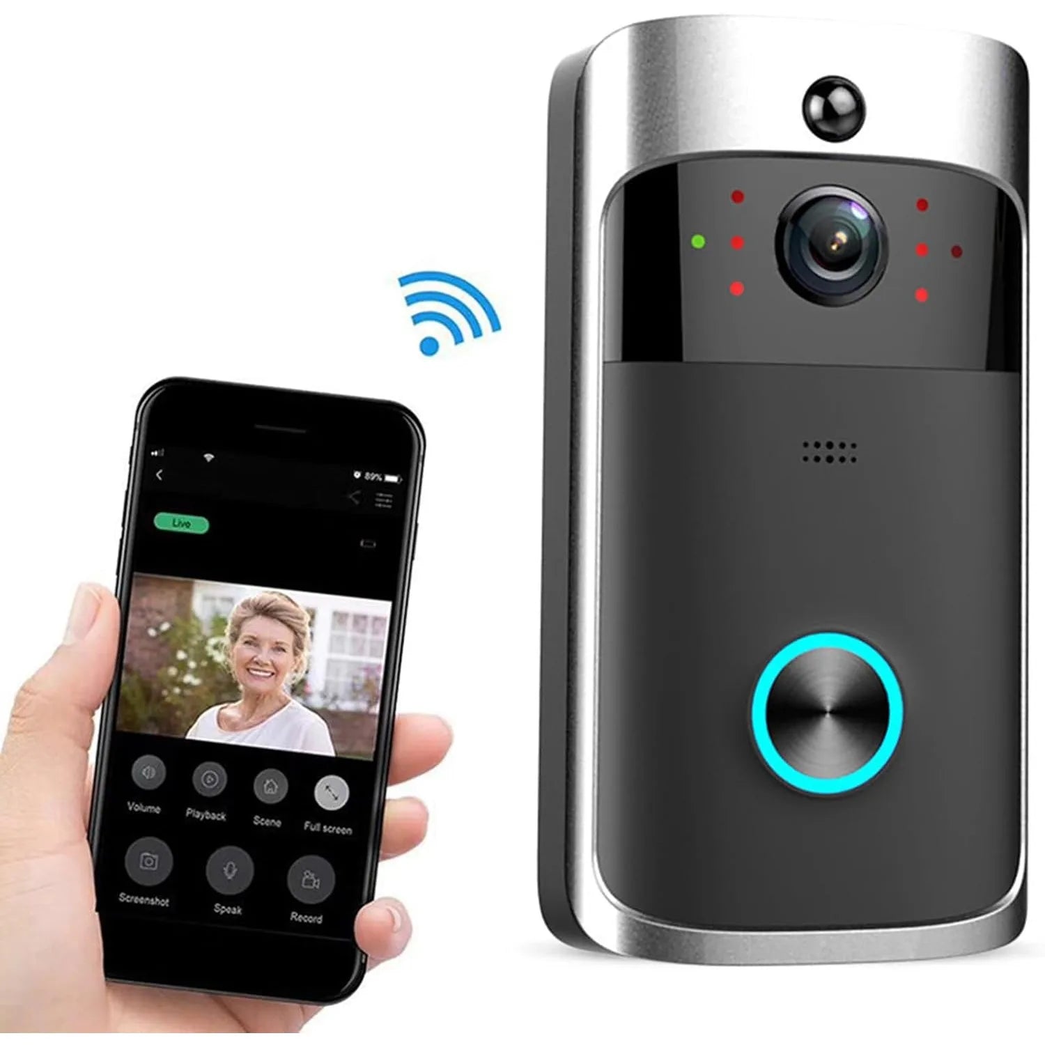 Smart WiFi Camera Doorbell – Night Vision, Voice Control & Door/Window Sensor Integration with App Alerts