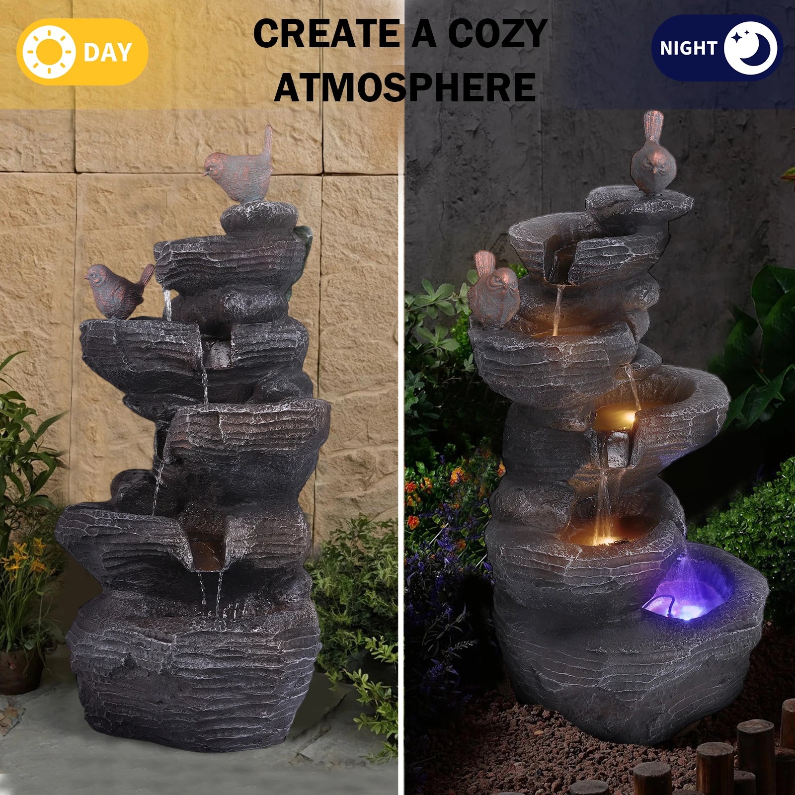 Water Fountain-Cascading Rock Water Fountain with LED Lights, Tabletop Water Fountain, Tabletop Fountain, Relax Meditation Decor