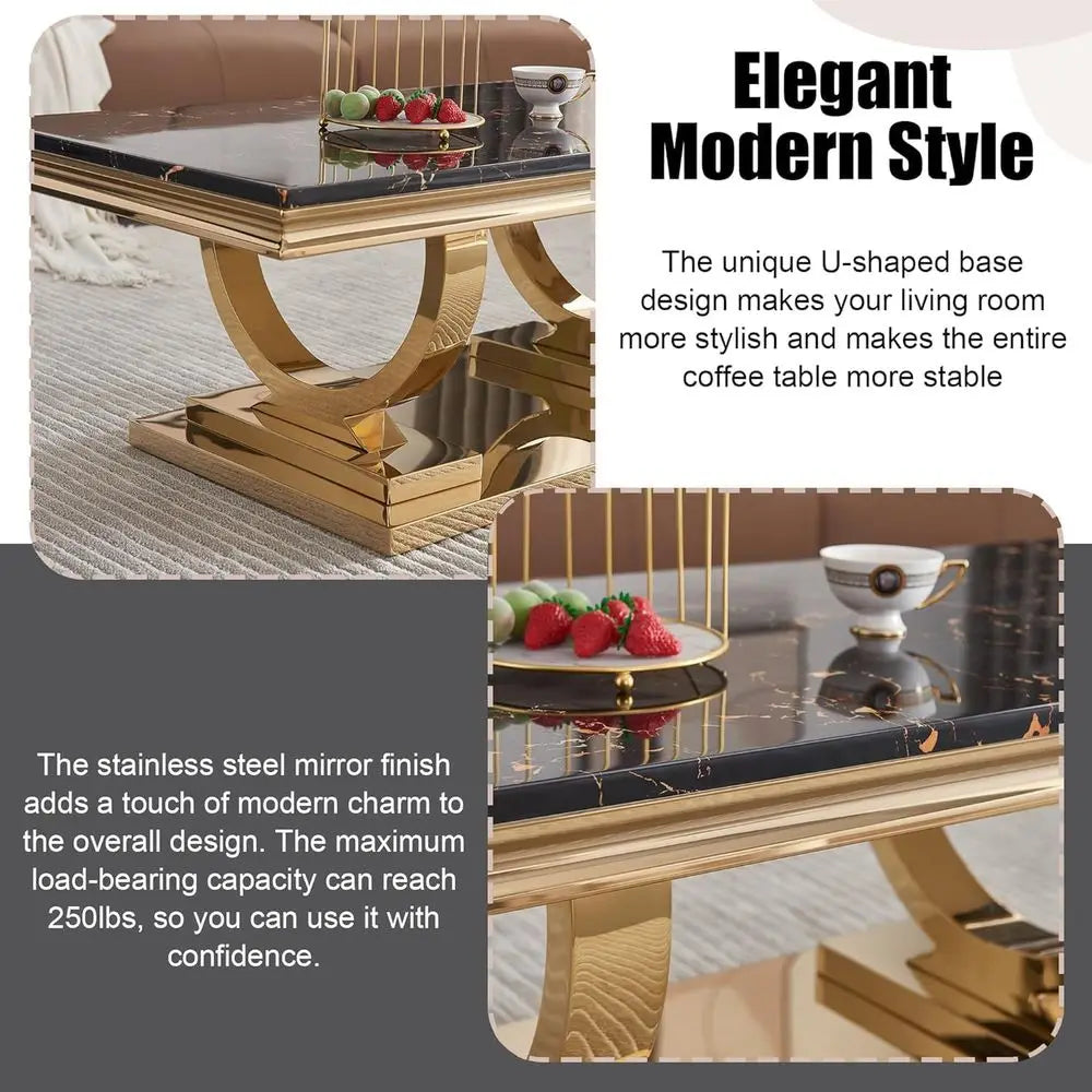 Coffee Table Set- 3-Piece set, 1 Rectangular Coffee Table, 2 Square Side Tables, Elegant Living Room Furniture with Black Marble Top
