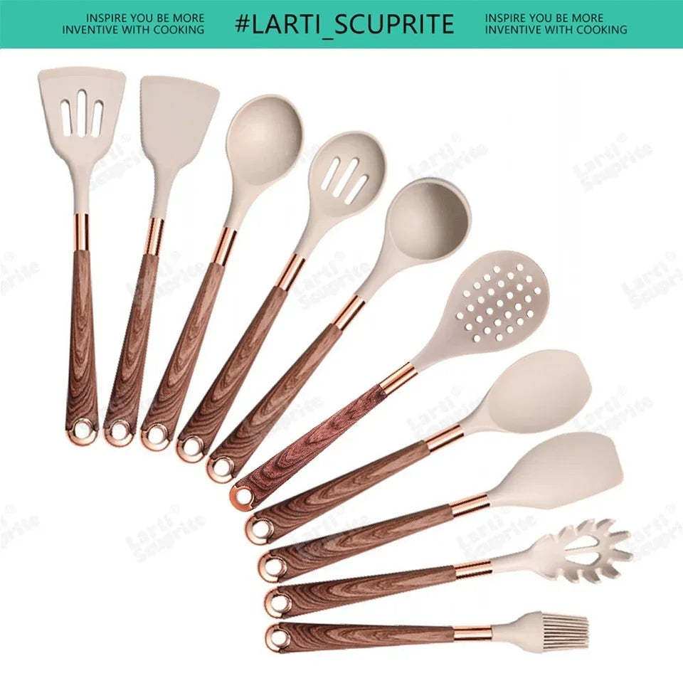 Kitchen- Heat-Resistant Silicone Cooking Set with Gold-Plated Handles – BPA-Free Kitchen Gadgets