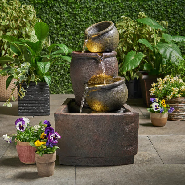 Water Fountain-LED Light, 30.75 in High, 3-Tier Outdoor Fountain, Weather Resistant,, Rustic Light Brown