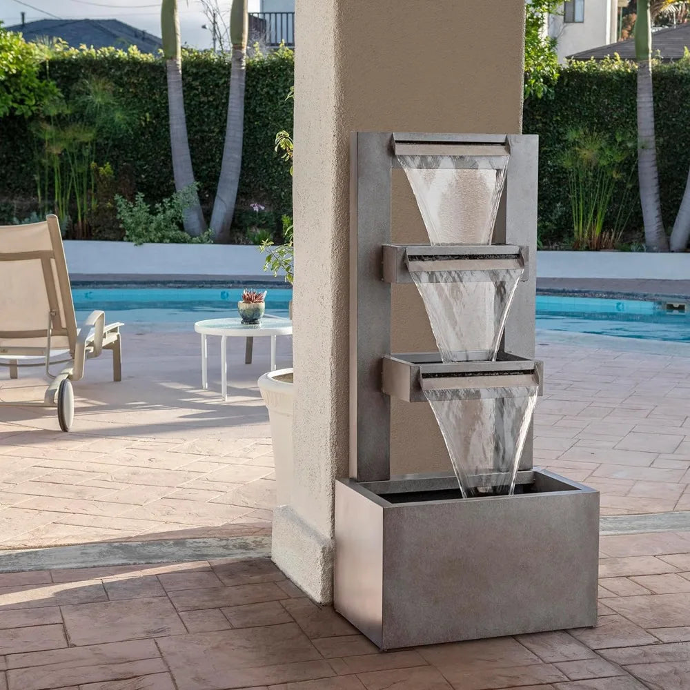 Water Fountain - CPS182, Outdoor, Metal Multitiered Waterfall, Floor Fountain, Industrial Style, Water Feature, Garden, Patio, Yard, Backyard