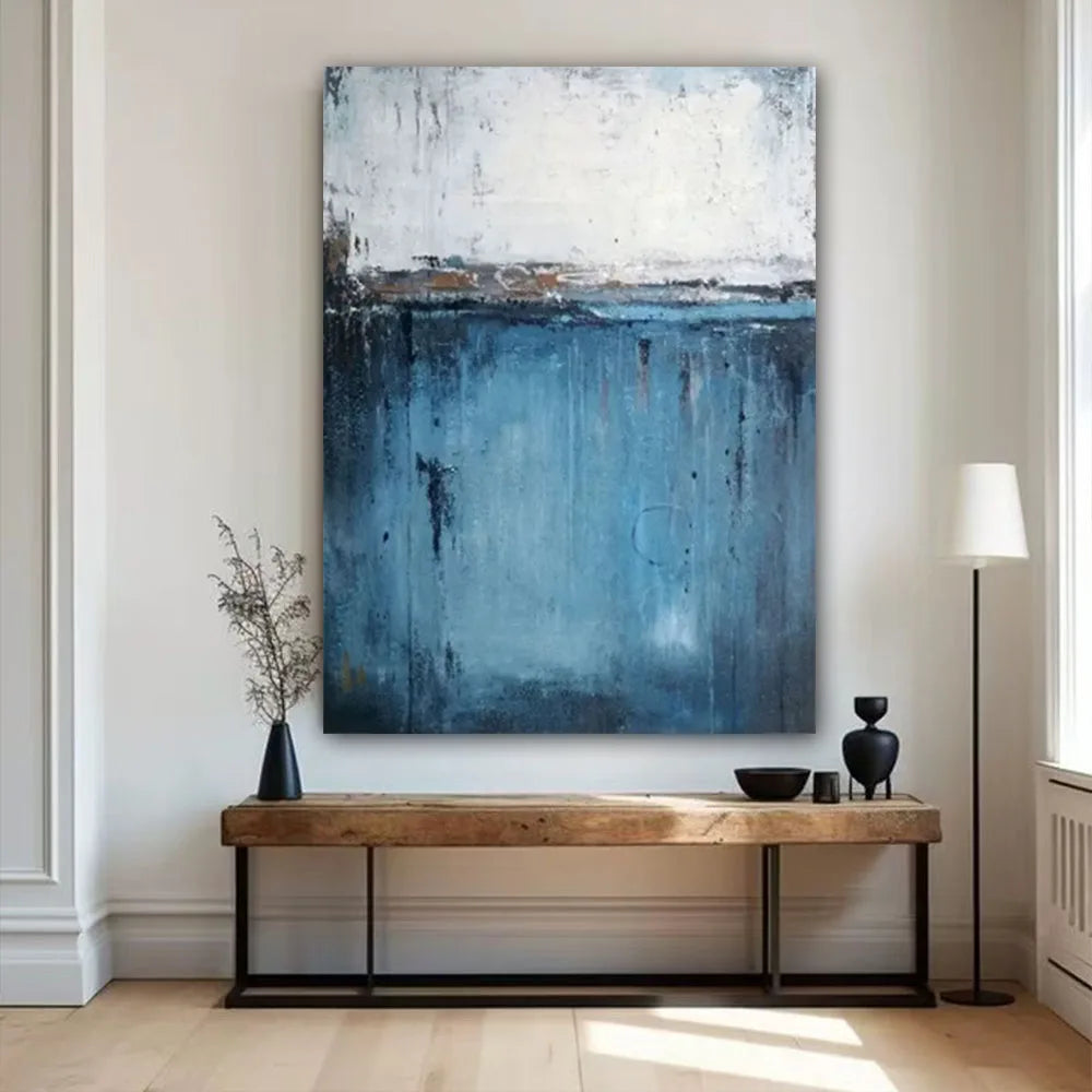 Abstract Oil Painting On Canvas-Handmade, Texture Wall Art, Pattern C-Blue And Off-White