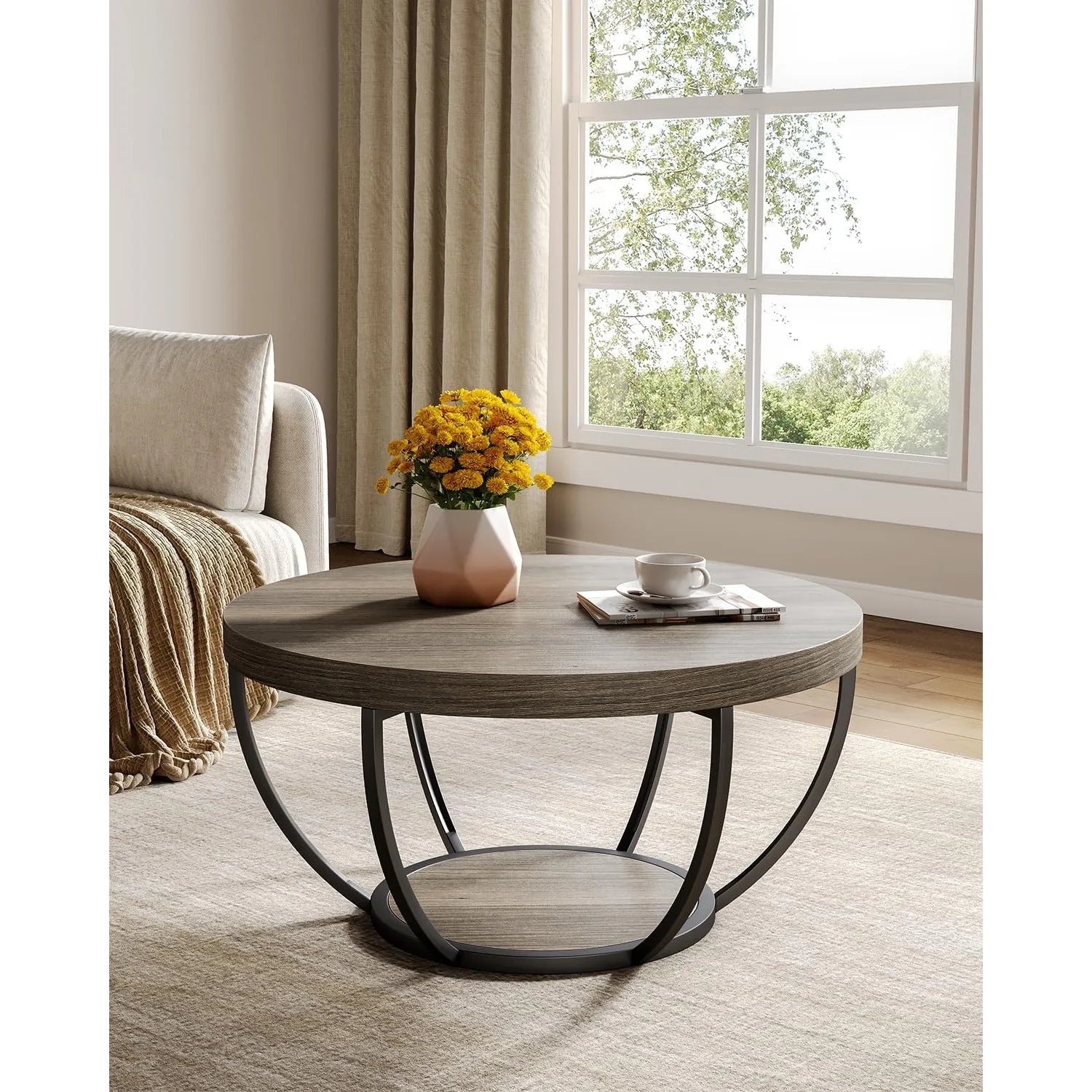 Accent Table-Circle Marble 32 inch – Modern Stylish 2-Tier Center Table with Golden Frame for Living Room