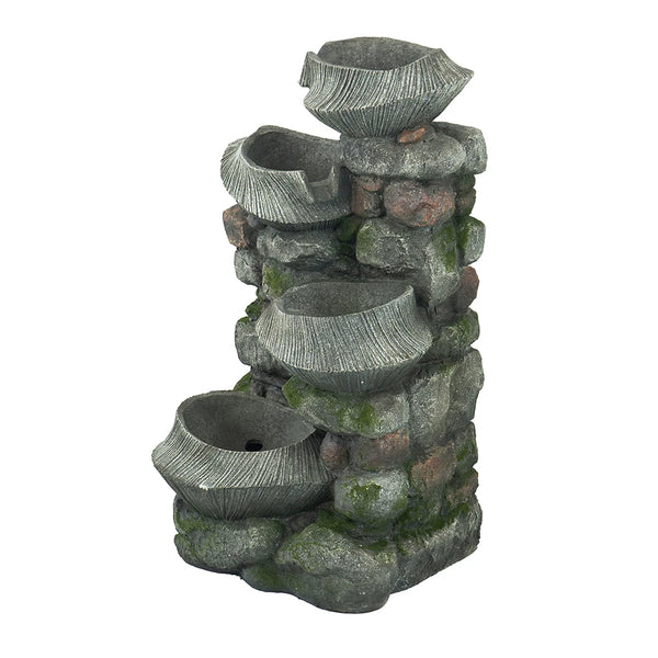 Water Fountain-LED Lights, 4 Tiers, 19 In, Indoor/Outdoor, Polyresin, Rock Bowl, Garden, Cascading Fountain, LED Light