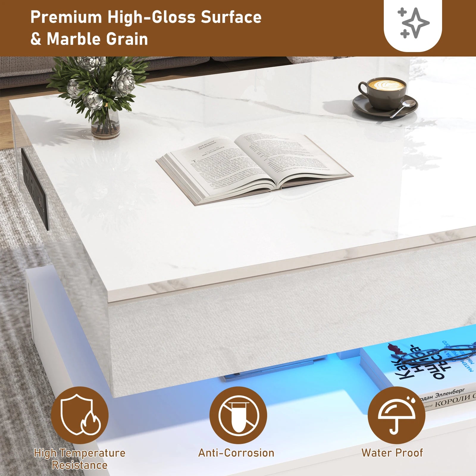 Coffee Table - Modern LED - Grey Marble Nesting (Set of 2) with Round End - Waterproof Surface & Metal Legs