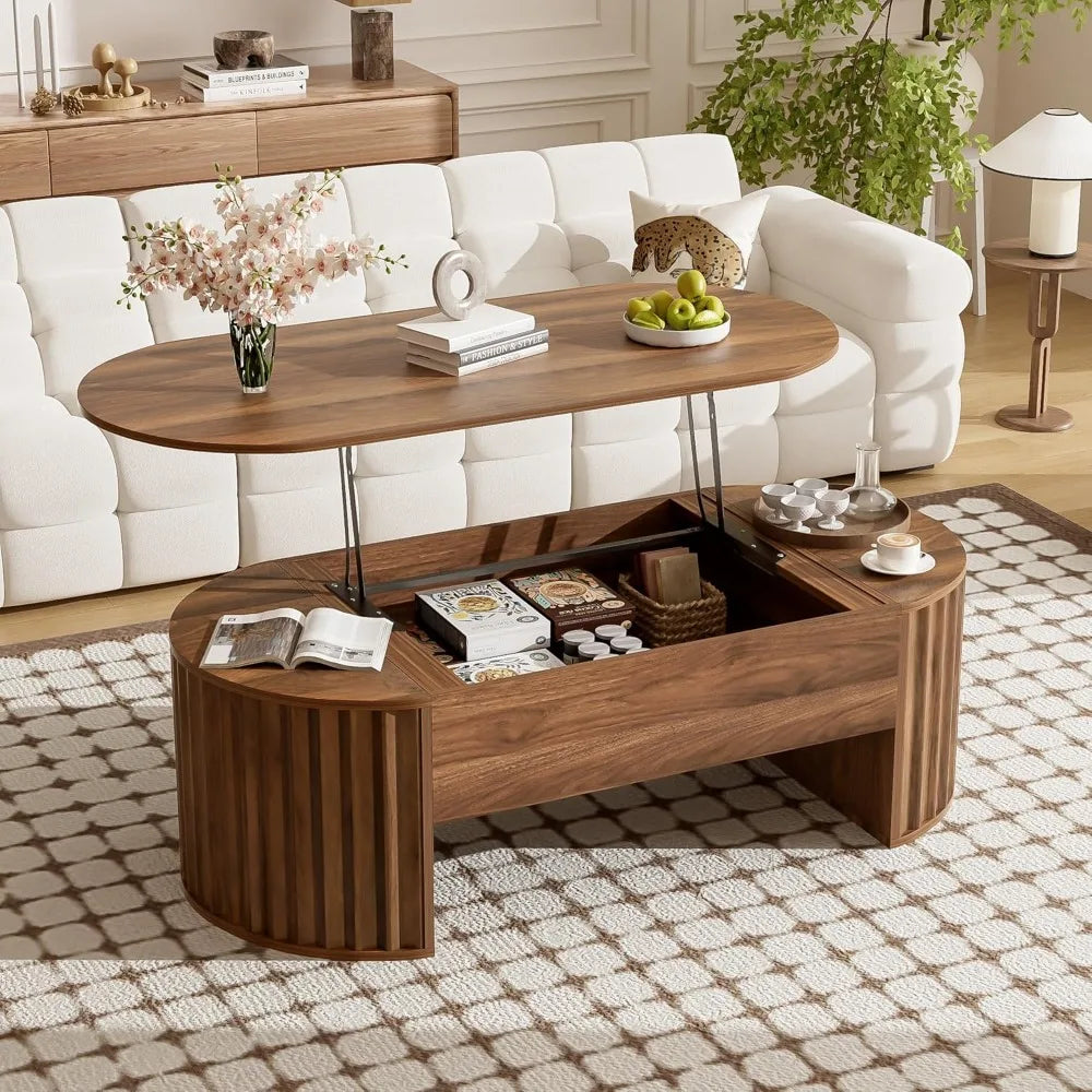 Coffee Table with Lift-Top - Mid Century Modern – 47.2" Oval Fluted Wood with Hidden Storage