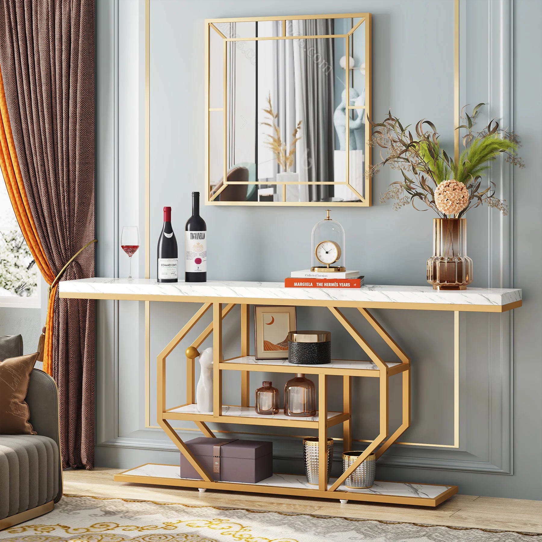 Accent Table-Modern Console Table, Gold, Sofa Table, Behind Couch, 4 Tier Storage, Entryway, Tribesigns
