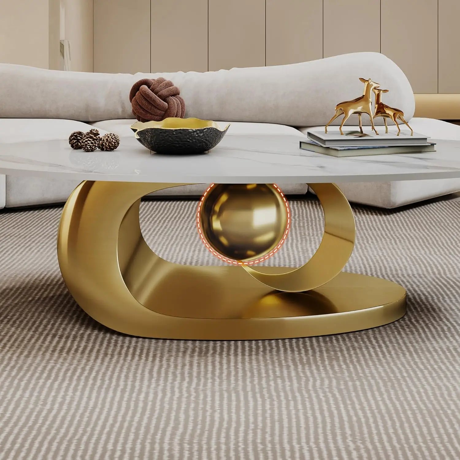 Coffee Table-Modern with Silver Stainless Steel Pedestal, Oval, Living Room Table, with Faux Marble Top, & Luxury, Customized