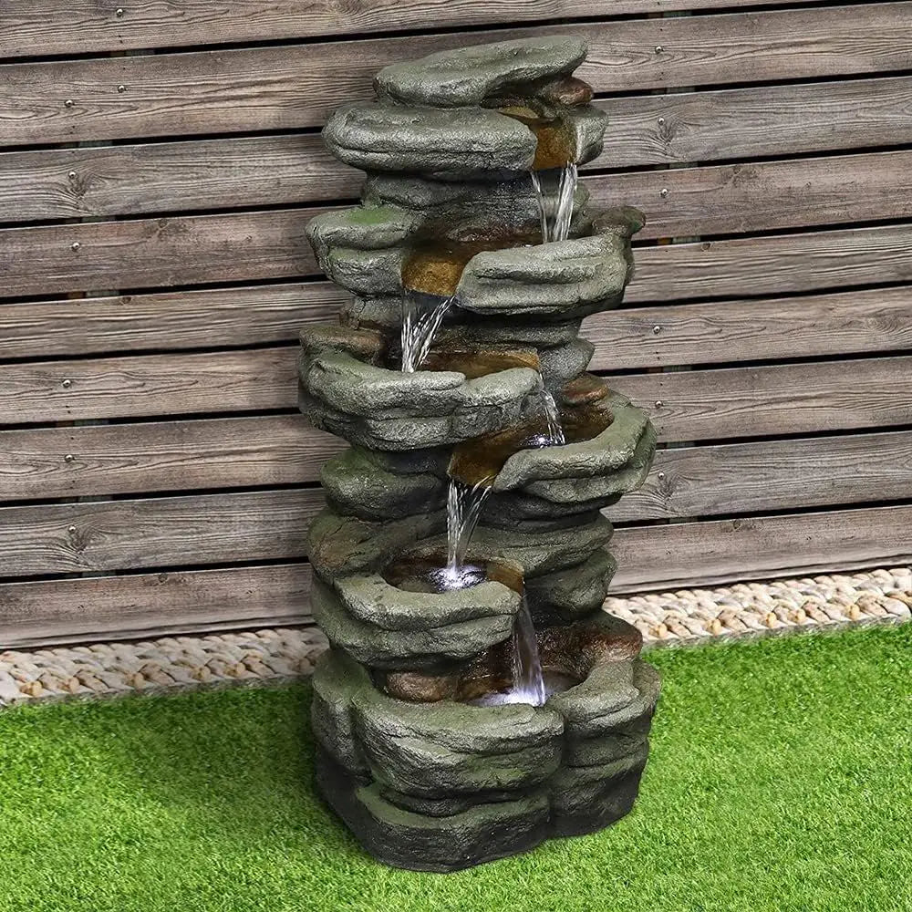 Water Fountain-LED Lights, 6-Tiers, Rock Natural, Waterfall, Outdoor, Floor Standing, Garden, 30.7 in, Home Garden