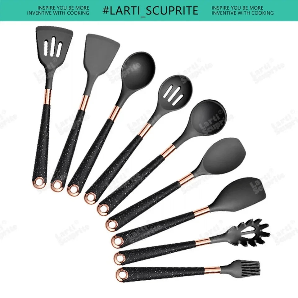 Kitchen- Heat-Resistant Silicone Cooking Set with Gold-Plated Handles – BPA-Free Kitchen Gadgets