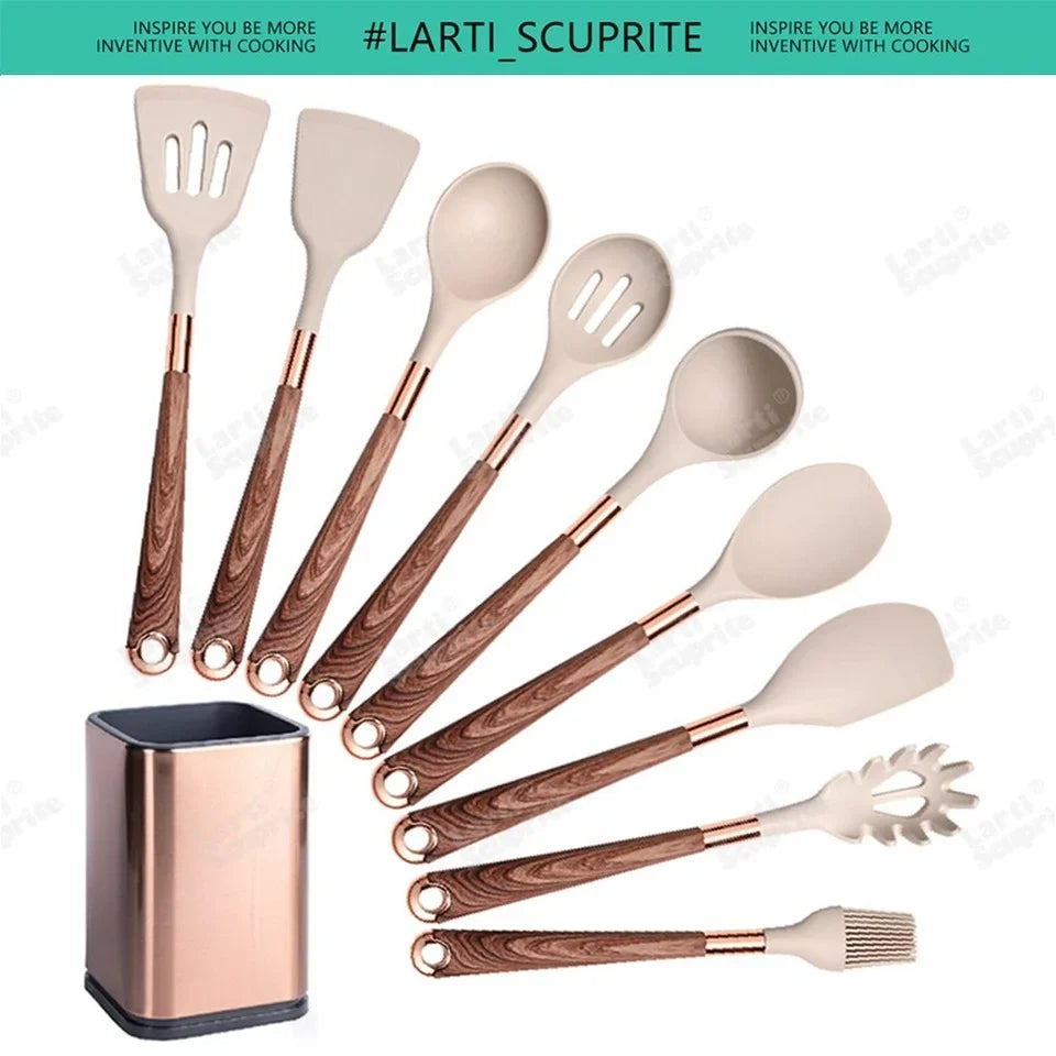 Kitchen- Heat-Resistant Silicone Cooking Set with Gold-Plated Handles – BPA-Free Kitchen Gadgets