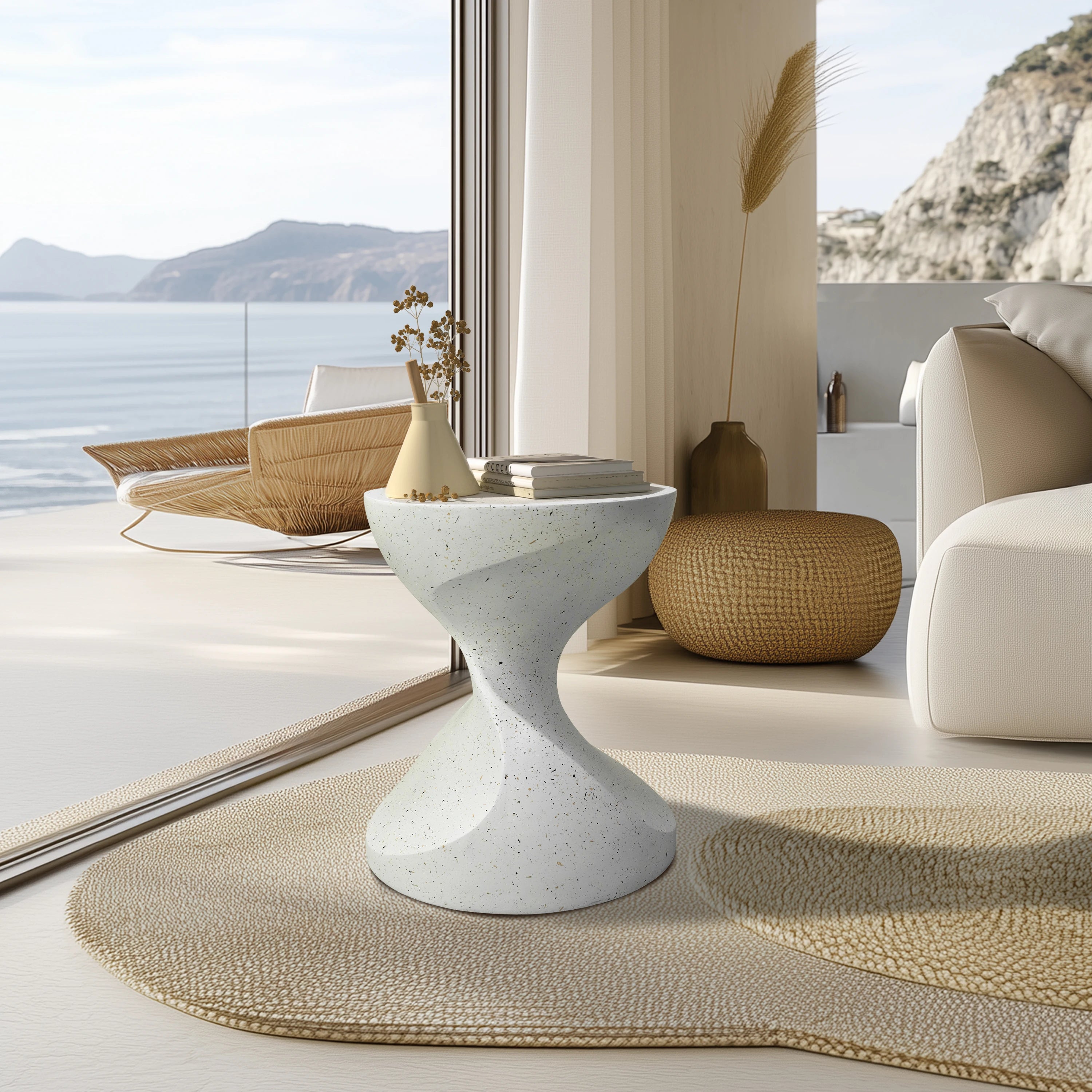 Accent Table-Hourglass Shaped, Lightweight Concrete, Side Table, White Bedside, Accent End Table, Living Room, Balcony