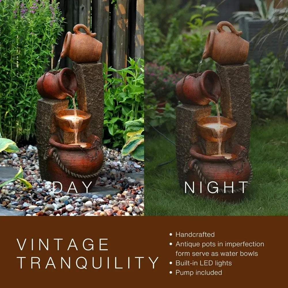 Outdoor Decor: Floor Fountain - Three Cascading Rustic Bowls with LED Lights - 32 in