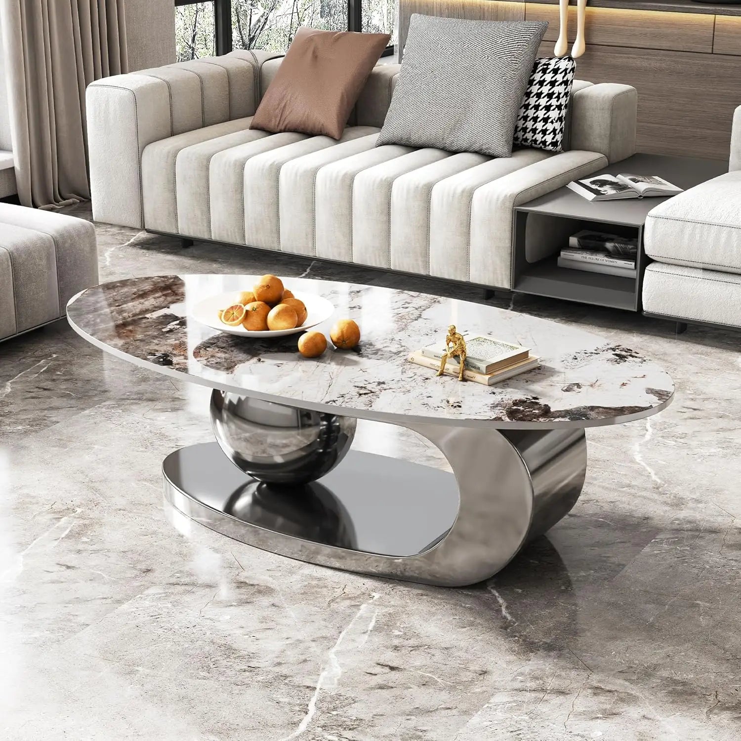 Coffee Table-Modern with Silver Stainless Steel Pedestal, Oval, Living Room Table, with Faux Marble Top, & Luxury, Customized