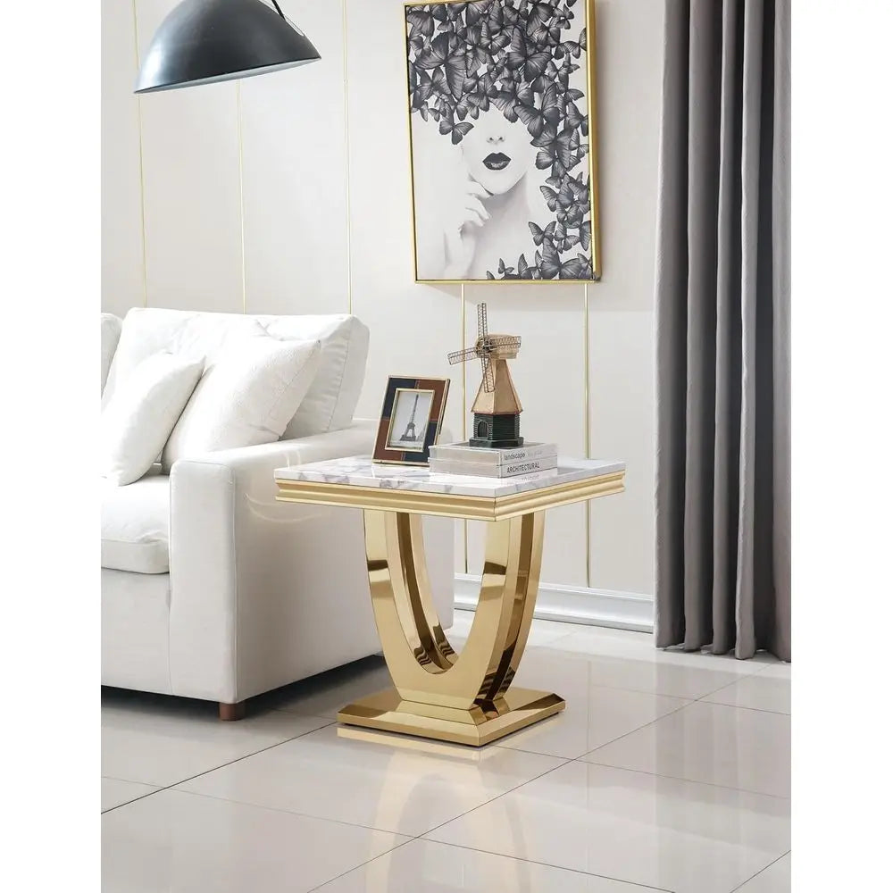 Coffee Table-Table Set, Marble Coffee Table, Square End Side Tables, Stainless Steel Legs, 2-Piece Living Room