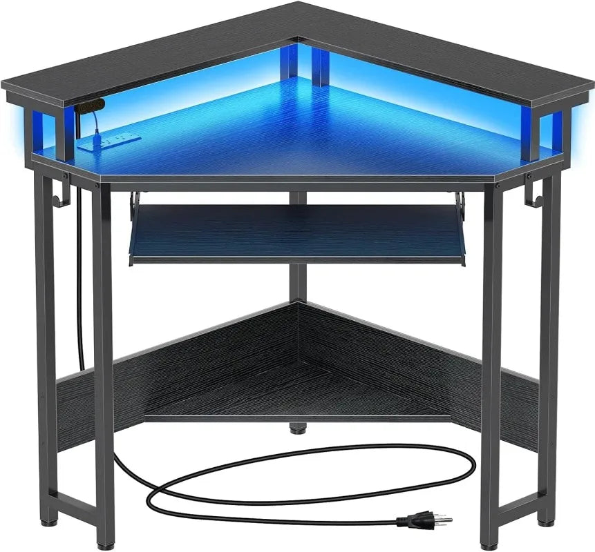 Corner Desk-Gaming, 44.5" W x 34.5" H, Small Computer Desk with Power Outlets, Home Office Desk, with LED Lights, Triangle Corner Desk
