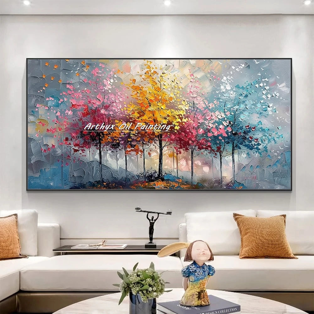 Canvas Art-Hand painted, Palette Knife, Tree, Oil Painting on Canvas, Modern Abstract Landscape Art Poster, Wall Pictures, Home Decor, Arthyx,Large