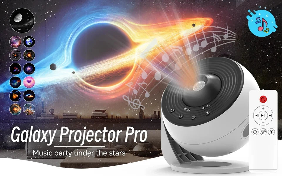 Galaxy Projector-Pro Version HD, 12 in 1 Film Discs, Star Projector, Galaxy Light Planetarium Projector, with Timer, White Noise, 360 ° Rotation, Bluetooth Remote Control