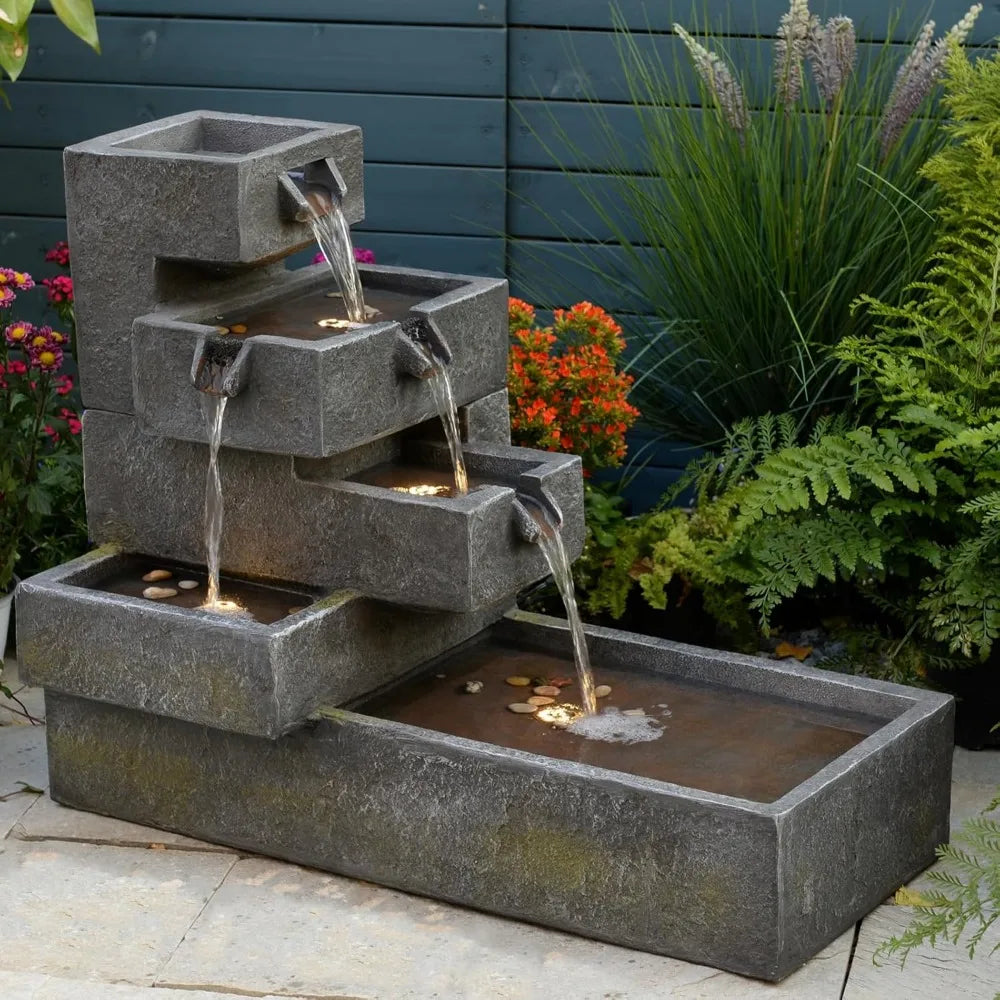 Water Fountain-LEDs Lights, Tiered Outdoor, Garden, Waterfall Indoor, Freestanding, Cascade, Fountain Concrete, Artistry, Modern Style